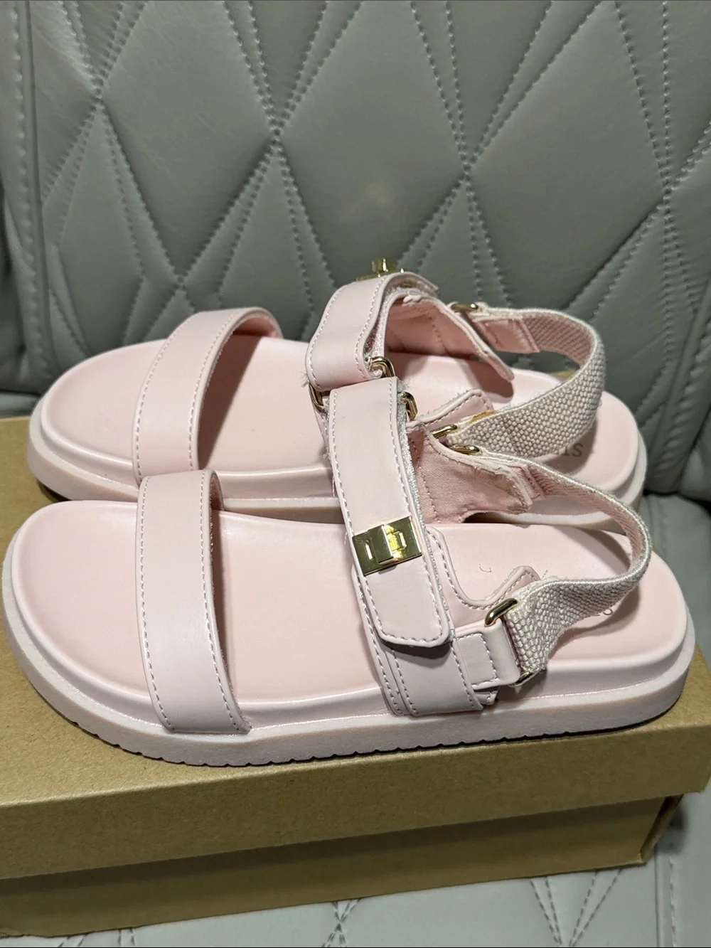 Steve Madden Kids Light Pink Velcro Strap Sandals with Gold Accents